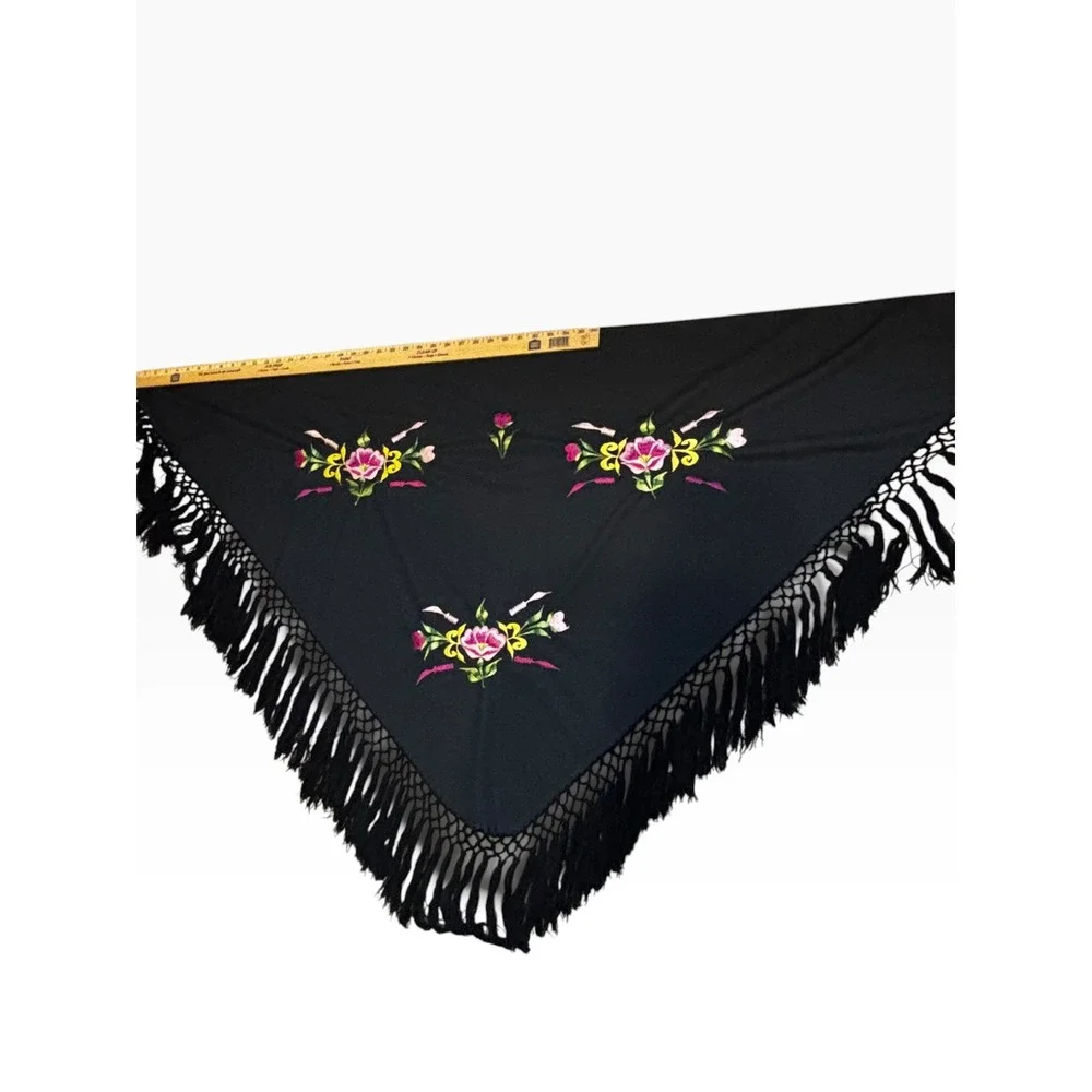 Vintage Black Floral Embroidered Triangle Shawl with Macrame Fringe Wrap
